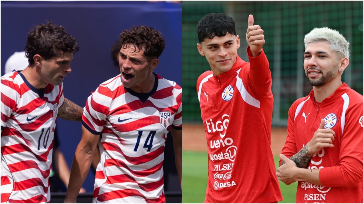 Left: US forward Christian Pulisic (10) with midfielder Sebastian Berhalter; Paraguay forward Ramon Sosa waves next to Julio Enciso | AP, AFP