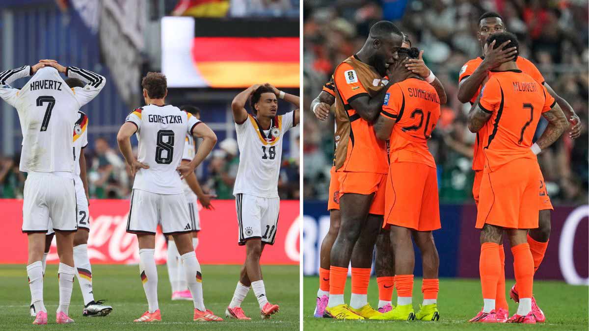 German players react during the penalty shootout of the 2026 World Cup Round of 32 match against Paraguay in Foxborough | AFP; Netherlands players react following the World Cup Round of 32 exit after losing to Morocco in Guadalupe | AP