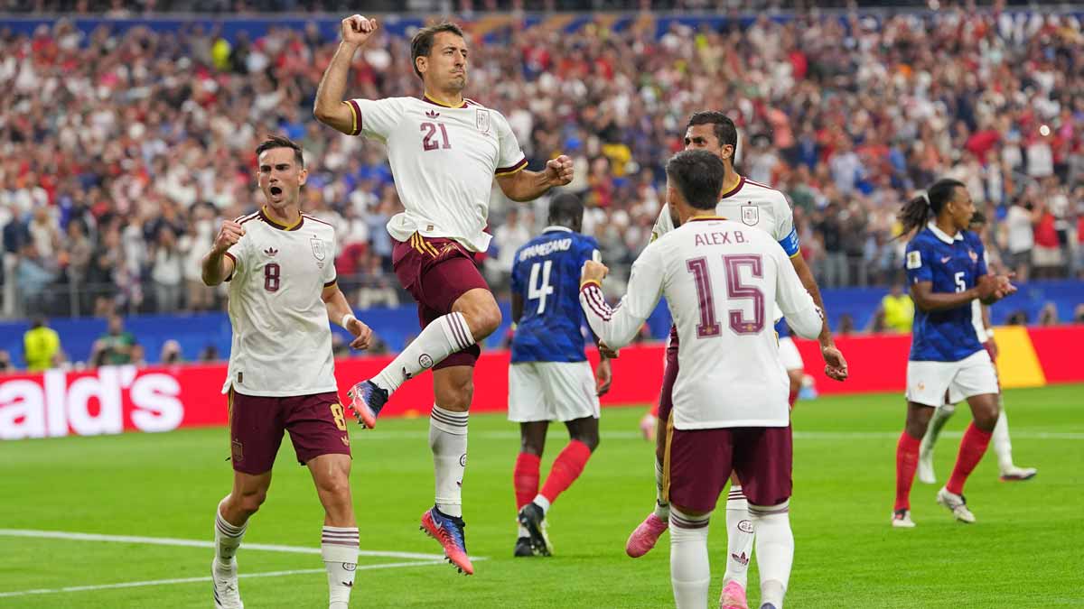 Spain's Mikel Oyarzabal (no. 21) celebrates scoring from the penalty spot the opening goal in the FIFA World Cup semifinal against France in Arlington, Texas, near Dallas | AP/PTI