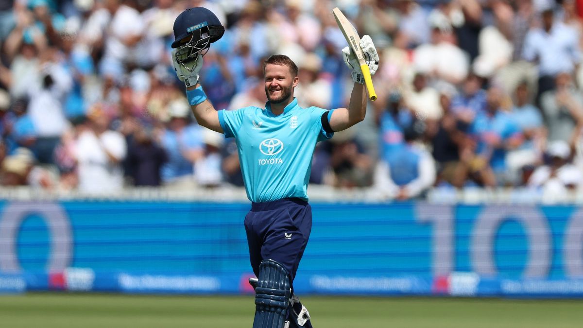 England's Ben Duckett celebrates reaching his century during the third ODI between England and India, at Lord's cricket ground, London, Sunday, July 19, 2026. (AP/PTI)