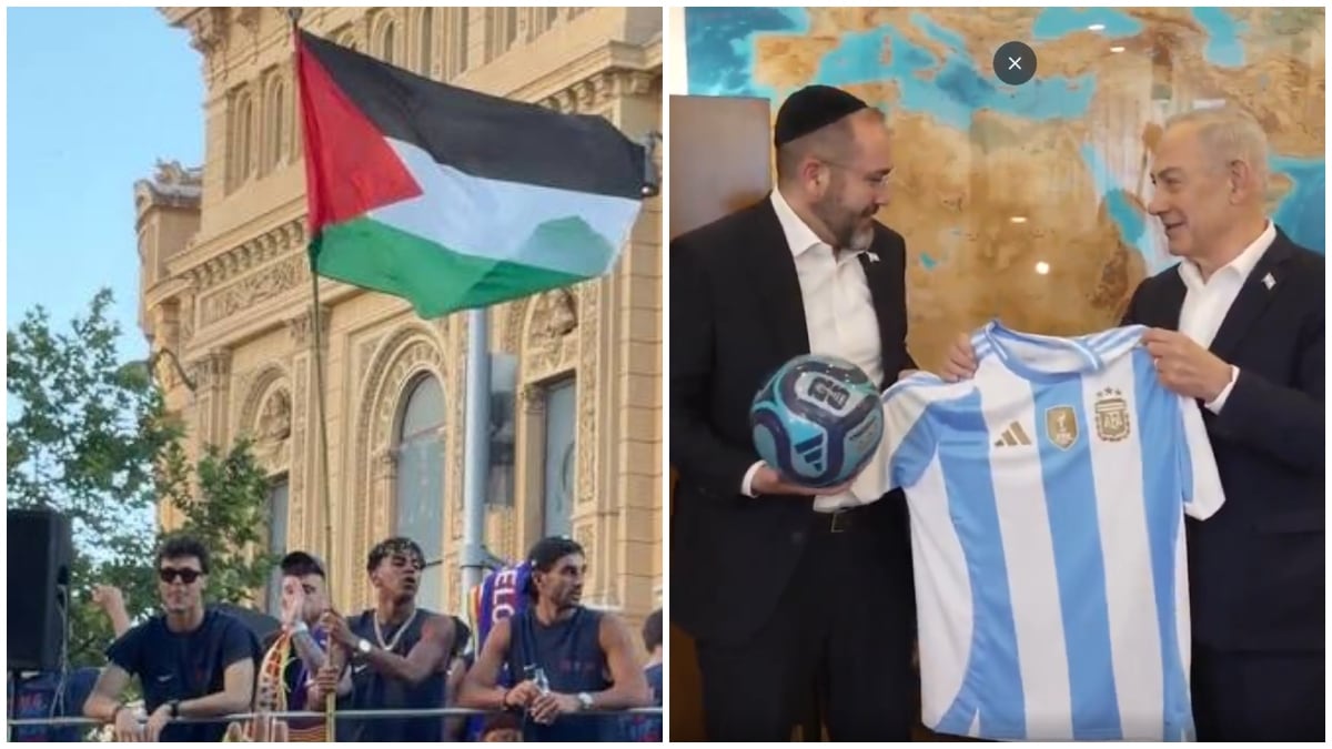 Lamine Yamal with Palestinian flag (L); Benjamin Netanyahu with Argentine jersey | X