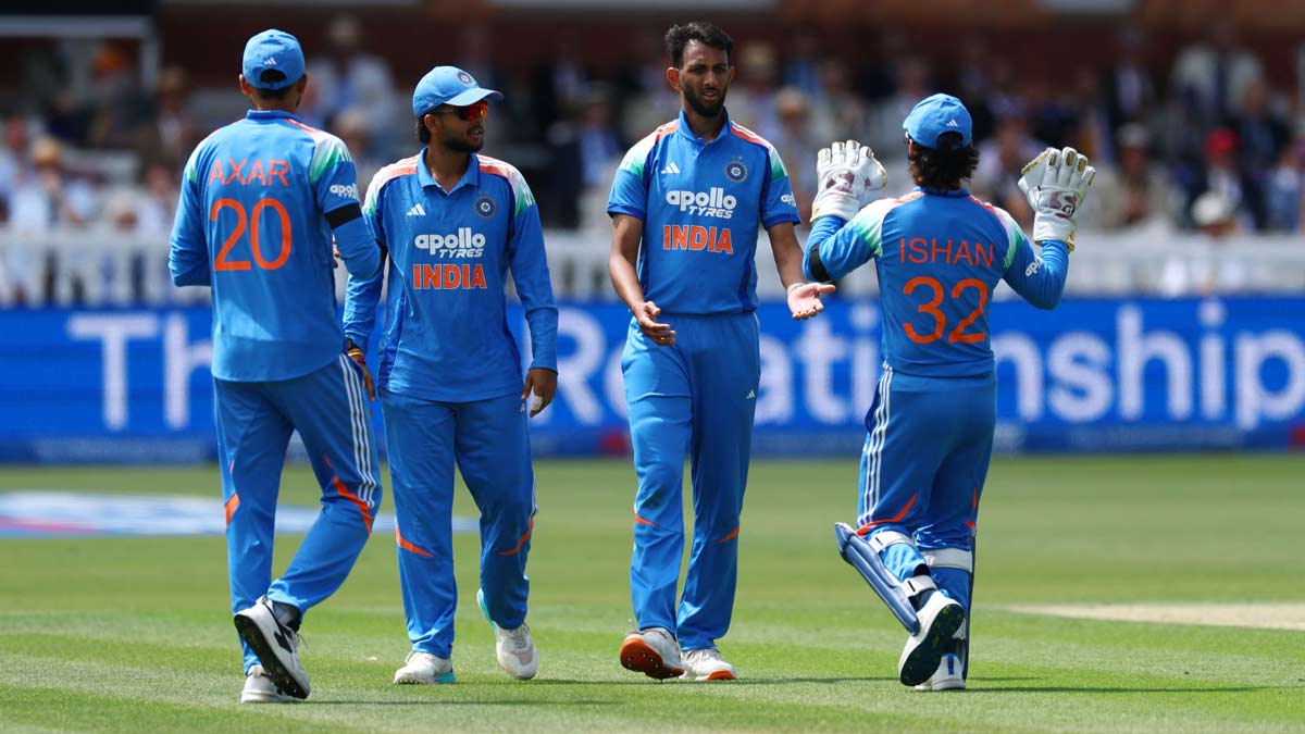 Prasidh Krishna celebrates with teammates after taking the wicket of England's Jacob Bethell in the third ODI between England and India, at Lord's | Reuters
