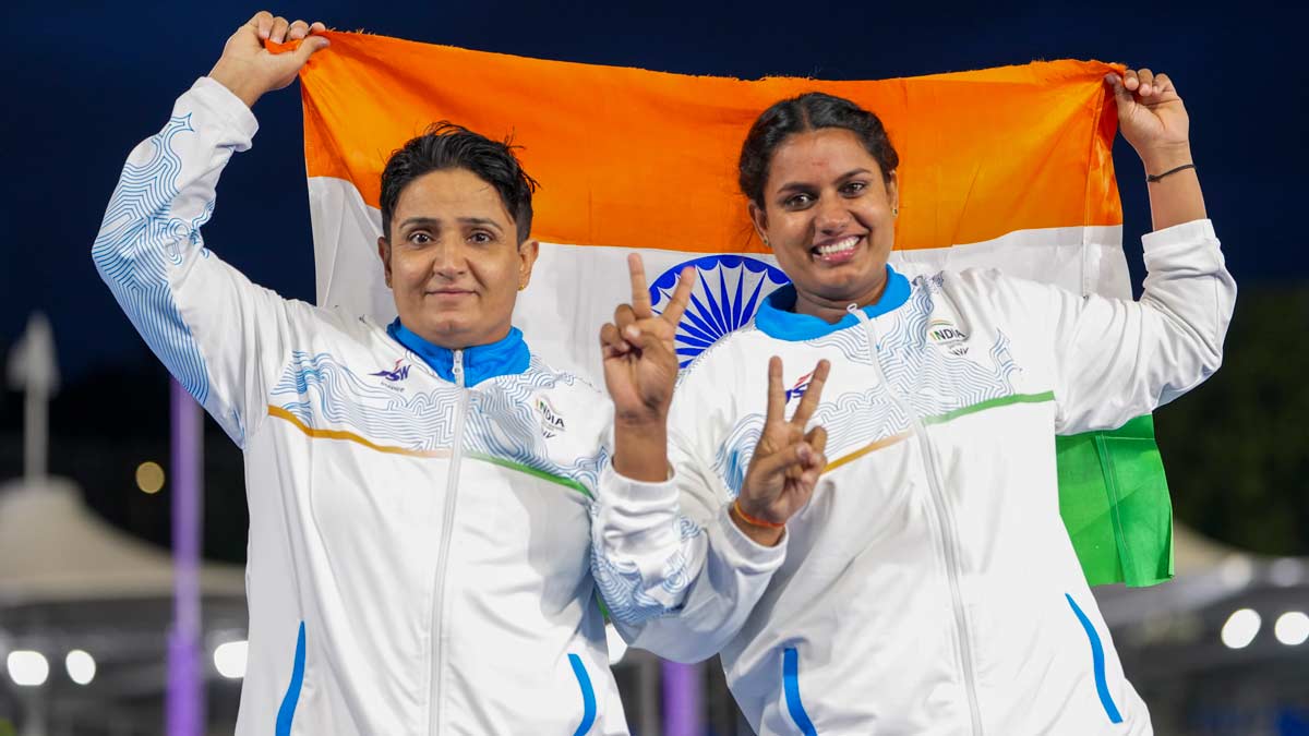 Sharmila Dhankar (left) and Shilpa Shyla celebrate after winning gold and bronze medals respectively in the women’s shot put F57 at the 23rd Commonwealth Games, in Glasgow, Scotland | PTI