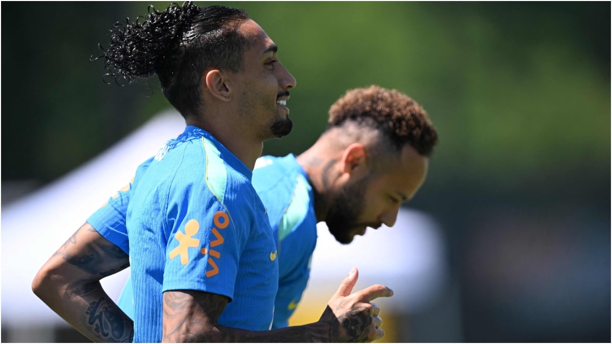 Brazil forwards Raphinha (L) and Neymar Jr take part in a training session at the Columbia Park Training Facility in Morristown, New Jersey | AFP