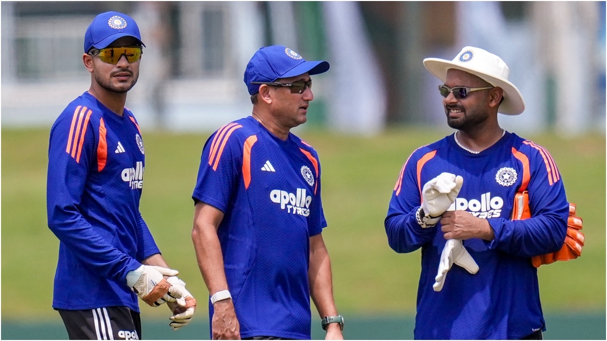 India's captain Shubman Gill, left, Rishabh Pant, right, and chief selector Ajit Agarkar during a practice session in Galle | PTI