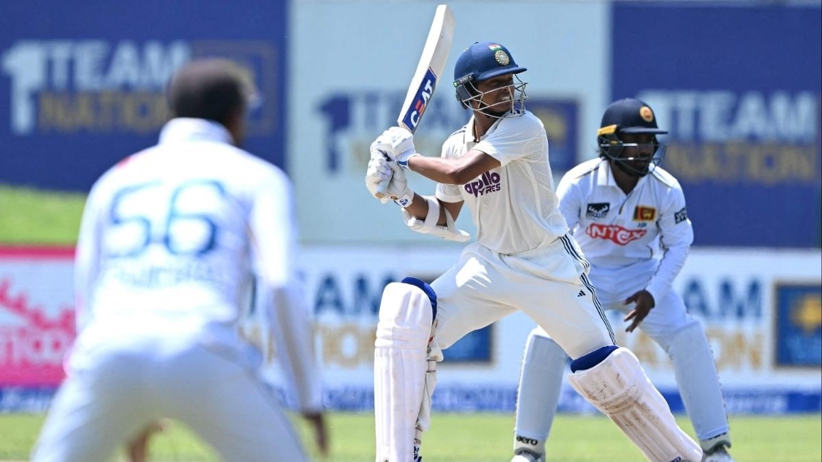 India's Yashasvi Jaiswal plays a shot during the first day of the first Test cricket match between Sri Lanka and India at the Galle International Stadium in Galle | AFP