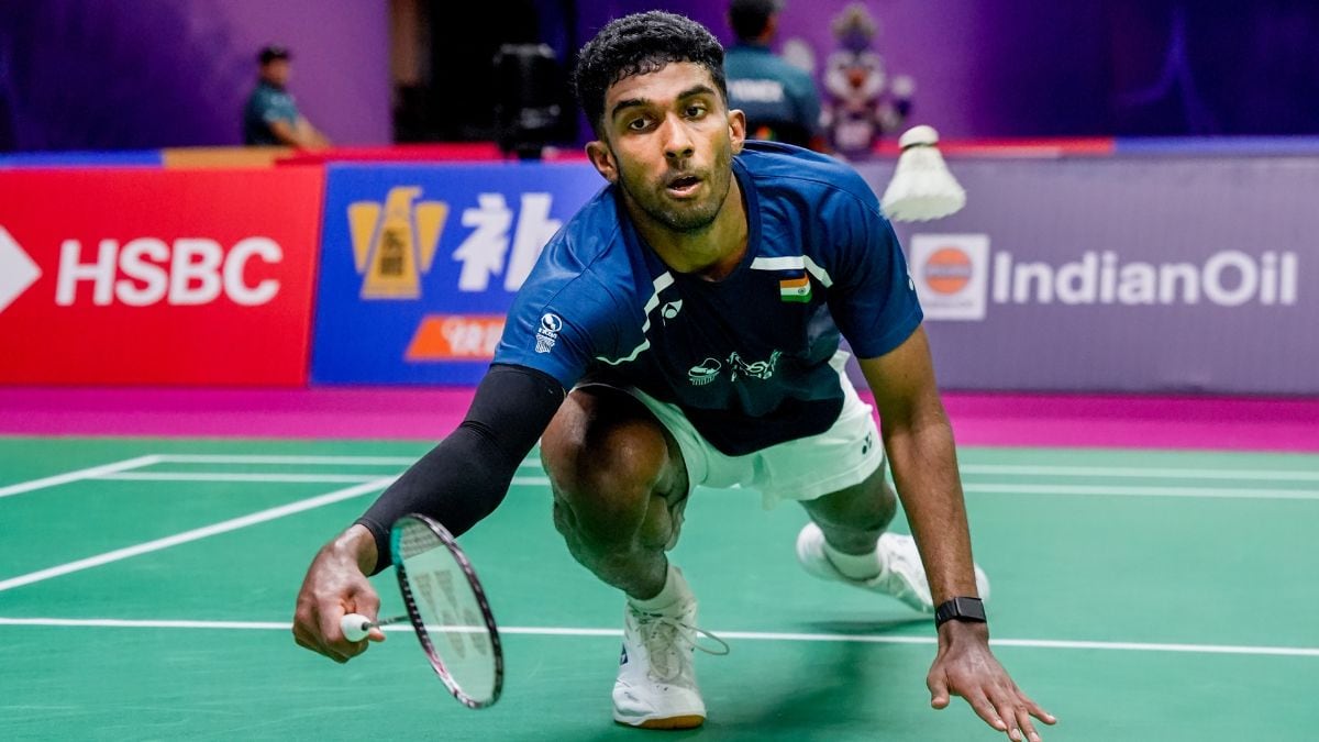 India's Ayush Shetty competes in the round of 64 mens singles badminton match against China's Shi Yuqi, unseen, during the BWF World Championships, at IGI Stadium, in New Delhi, Monday, Aug. 17, 2026. Shi Yuqi holds the men's singles world number one ranking in the BWF World Rankings. (PTI Photo/Gurinder Osan)