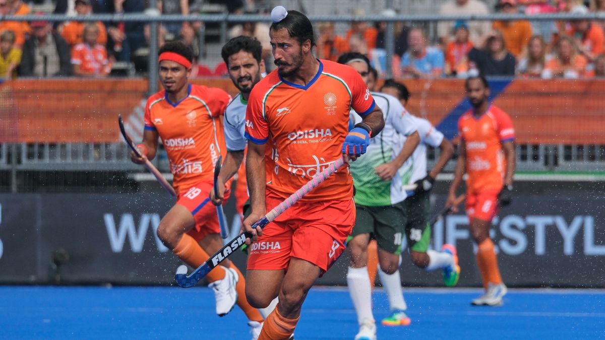 India's Dilpreet Singh in action during the World Cup Field Hockey pool D match between India and Pakistan in Amstelveen, Netherlands, Wednesday, Aug. 19, 2026. (AP Photo/Patrick Post)