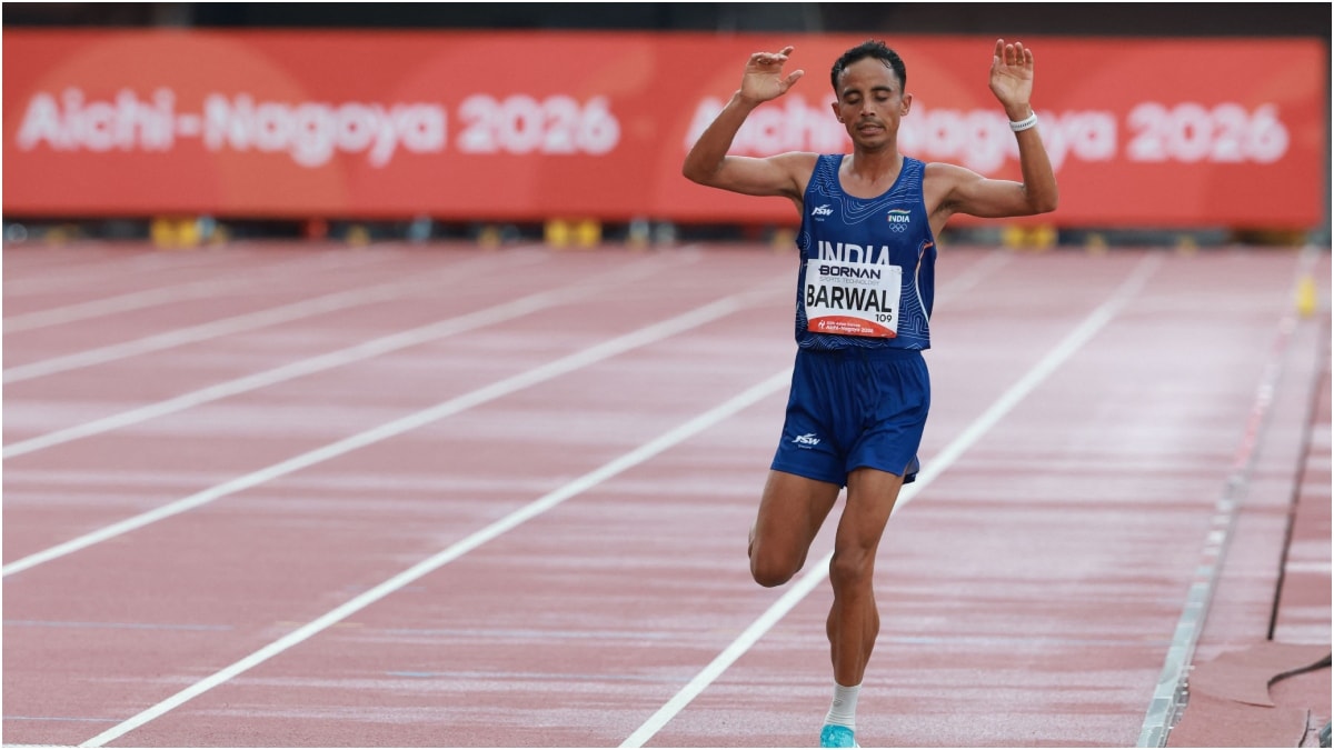 India's Sawan Barwal crosses the finish line | AFP