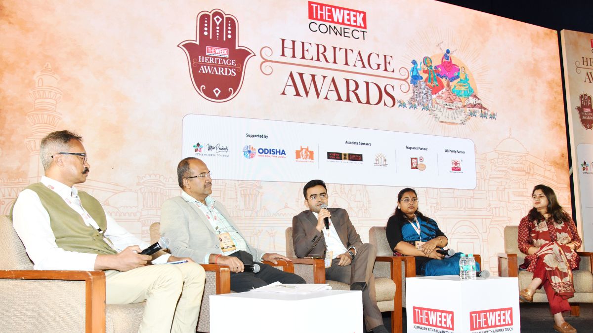 (From left) K. Sunil Thomas of THE WEEK with panellists
Ashish Kumar, Managing Director, Uttar Pradesh State Tourism Development Corporation; Neelesh Ushatai Ramesh Gatne, Managing Director, Maharashtra Tourism Development Corporation; Manvi Jagan, General Manager (Marketing), Telangana Tourism Development Corporation; Ritu Kataria, Assistant Director (Media and Communication), Union Ministry of Tourism | Sanjay Ahlawat