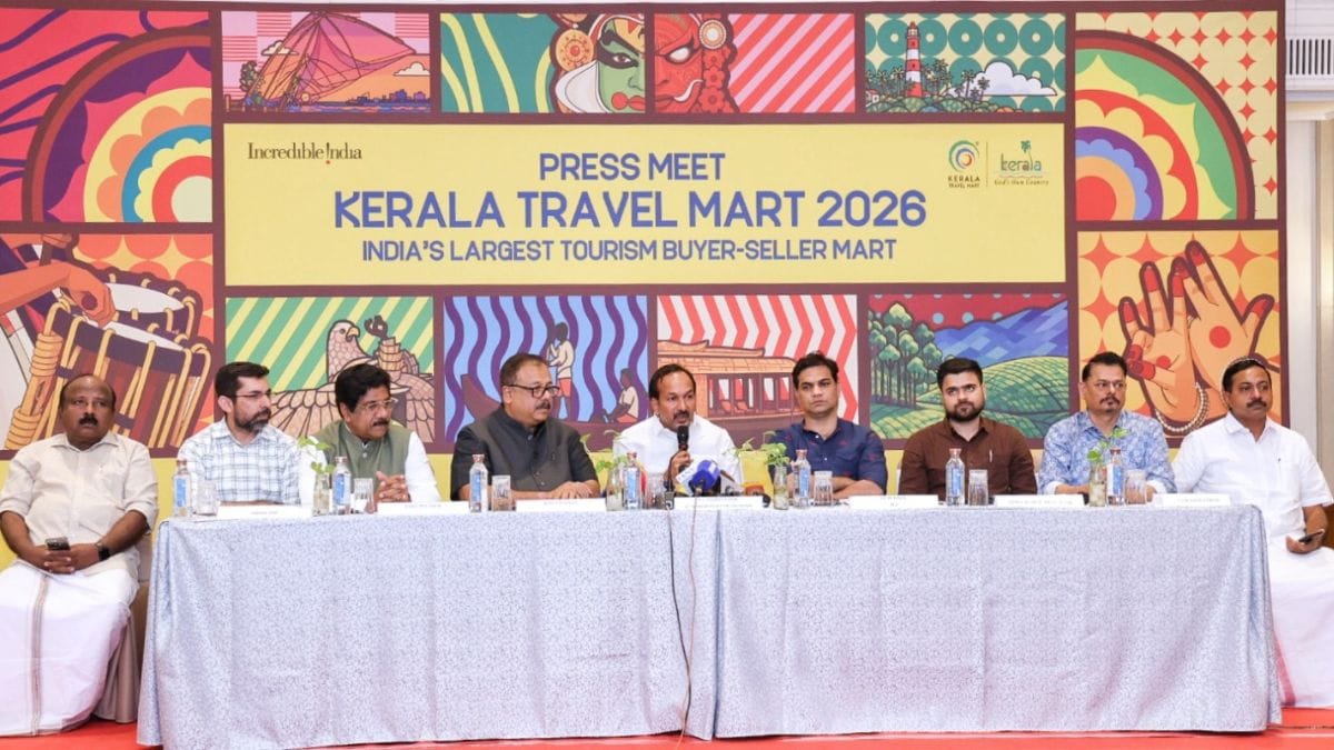 Visuals from a press meet announcing the 2026 edition of the Kerala Travel Mart, which will be held in Kochi from September 24 to 27 