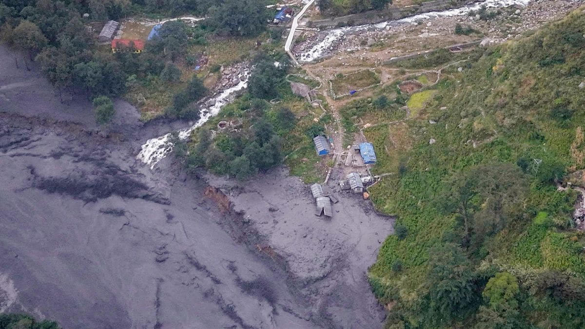 An aerial view shows mudslide debris and floodwaters overflowing the Budhi Gandaki river following a sudden flash flood triggered by a suspected landslide in the Chekampar area, in Gorkha district, Nepal | PTI 