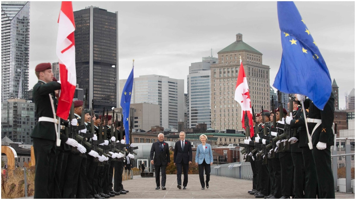 Canadian Prime Minister Mark Carney, European Council President Antnio Costa, European Commission President Ursula von der Leyen, EU-Canada summit