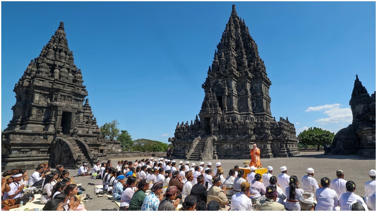 Prime Minister Narendra Modi visiting the UNESCO World Heritage Site Prambanan Temple, Indonesia's largest Hindu temple complex in Sleman | AFP