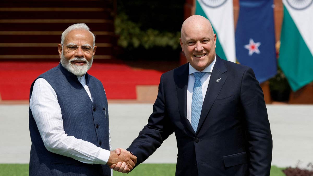 Prime Minister Narendra Modi shakes hands with New Zealand PM Christopher Luxon | Reuters