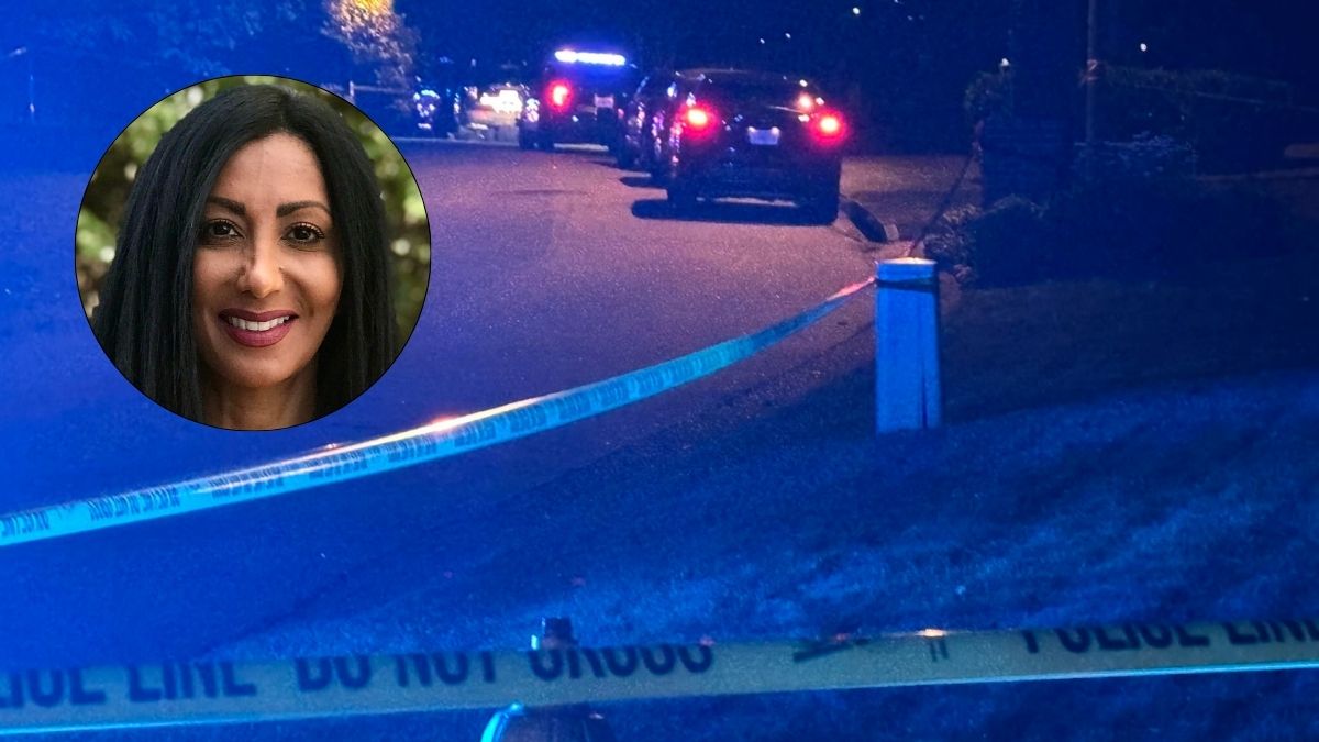 [File] Police cars outside the house of Sheetal Wrzesien (inset) after she and her son, Jason, were shot by her husband, Kirk | Aspen Policy Academy, X/@CodyAlcorn