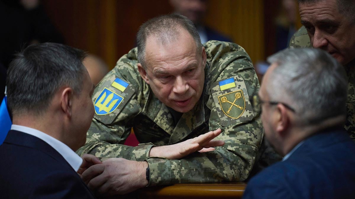 [File] General Oleksandr Syrskyi speaks to parliamentarians at Verkhovna Rada in Kyiv | AP