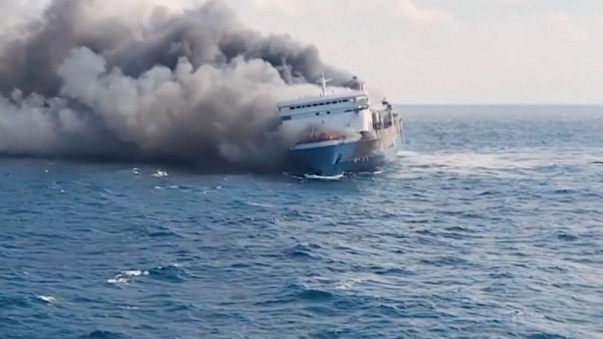 Plumes of smoke rise from a ferry which caught fire off Indonesia's Madura island | Reuters 