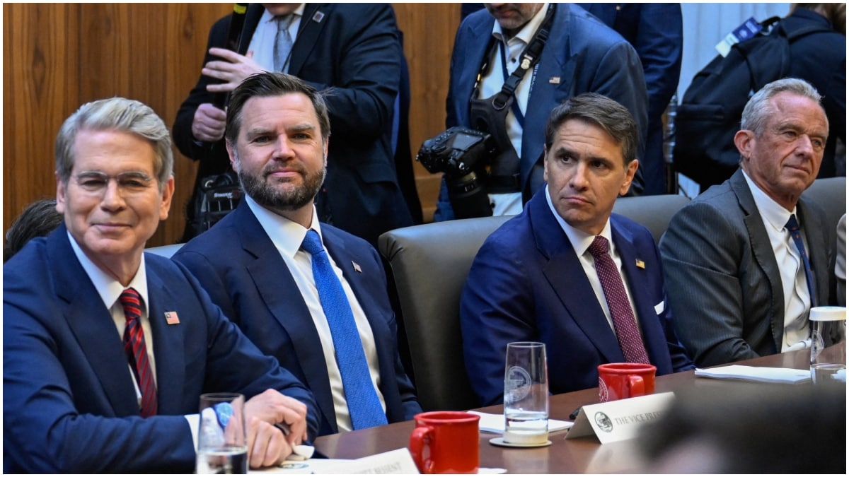 U.S. Vice President JD Vance, Secretary of the Treasury Scott Bessent, Acting Attorney General Todd Blanche, and Secretary of Health and Human Services (HHS) Robert F. Kennedy Jr. participate in a cabinet meeting at Camp David in Thurmont, Maryland, U.S. | Reuters
