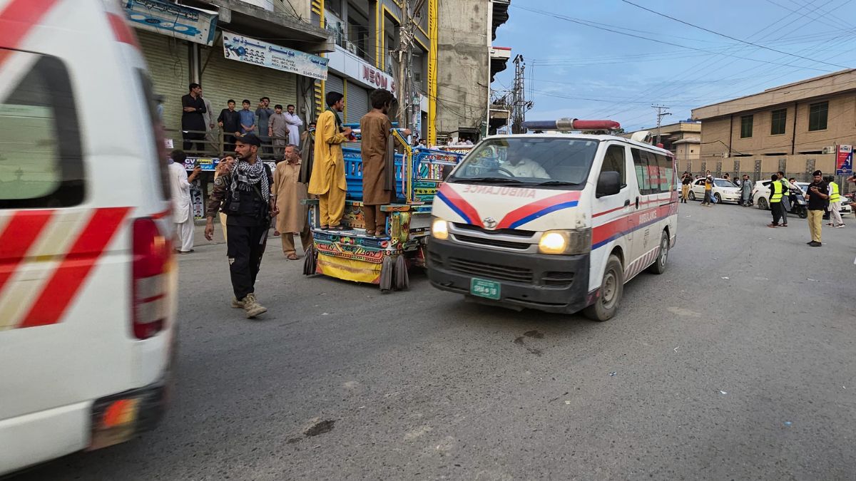 Ambulances rush towards hospital carrying injured victims from the site of a suicide bombing, in Kabal, a town in the Swat Valley in Pakistan's Khyber Pakhtunkhwa province on August 2, 2026 | AP