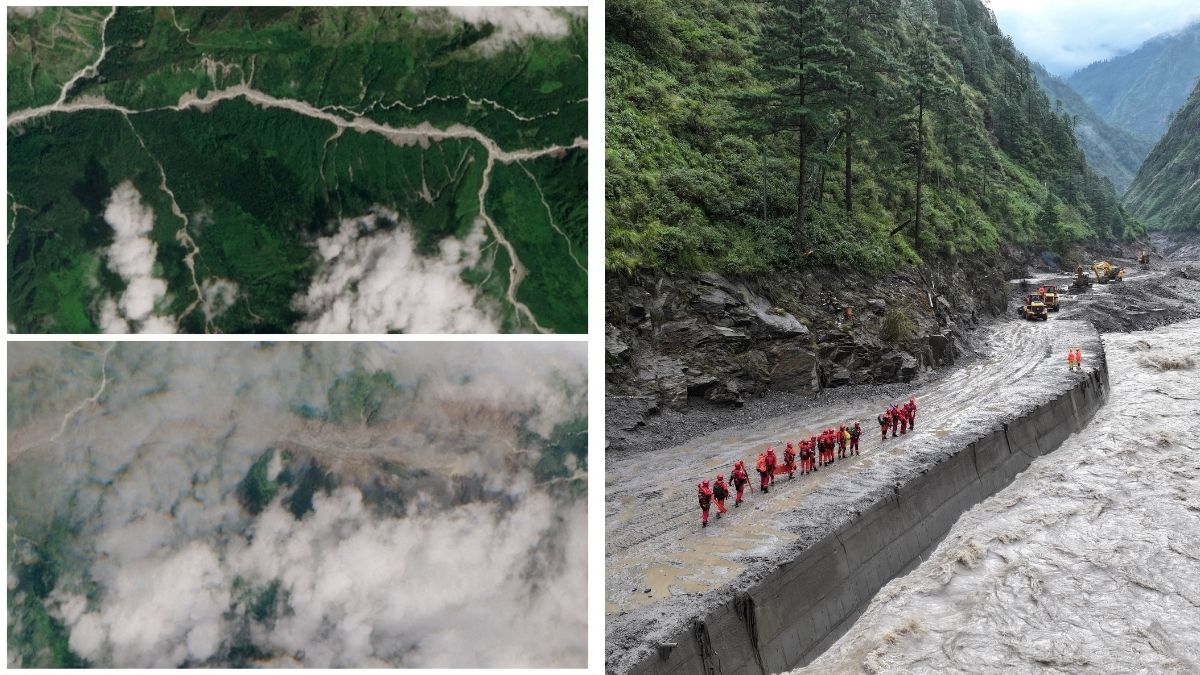 A combination of satellite images shows a site at the border of Nepal and Tibet Autonomous Region, China, before (above) and after (below) a barrier lake formed as a result of flash floods and a mudslide. (Right) A drone view of firefighters conducting search and rescue operations at a damaged road leading to Gyirong Port after a mudslide | Reuters 