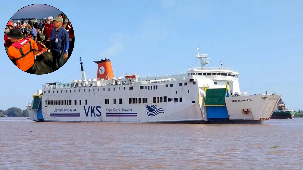 The Indonesian Ro-Ro ferry 'Virgo Transport 8', which capsized in the Java Sea on Sunday; (inset) Rescuers carrying a survivor of the sunken ferry on a stretcher at Banjarmasin | AP, Facebook