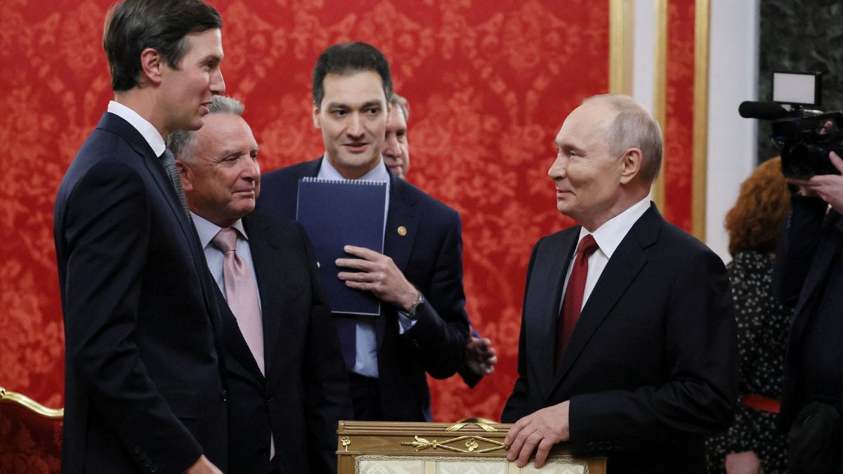 Russian President Vladimir Putin greets Jared Kushner, U.S. President Donald Trump's son-in-law, and U.S. Special Envoy Steve Witkoff during a meeting at the Kremlin in Moscow | Reuters 