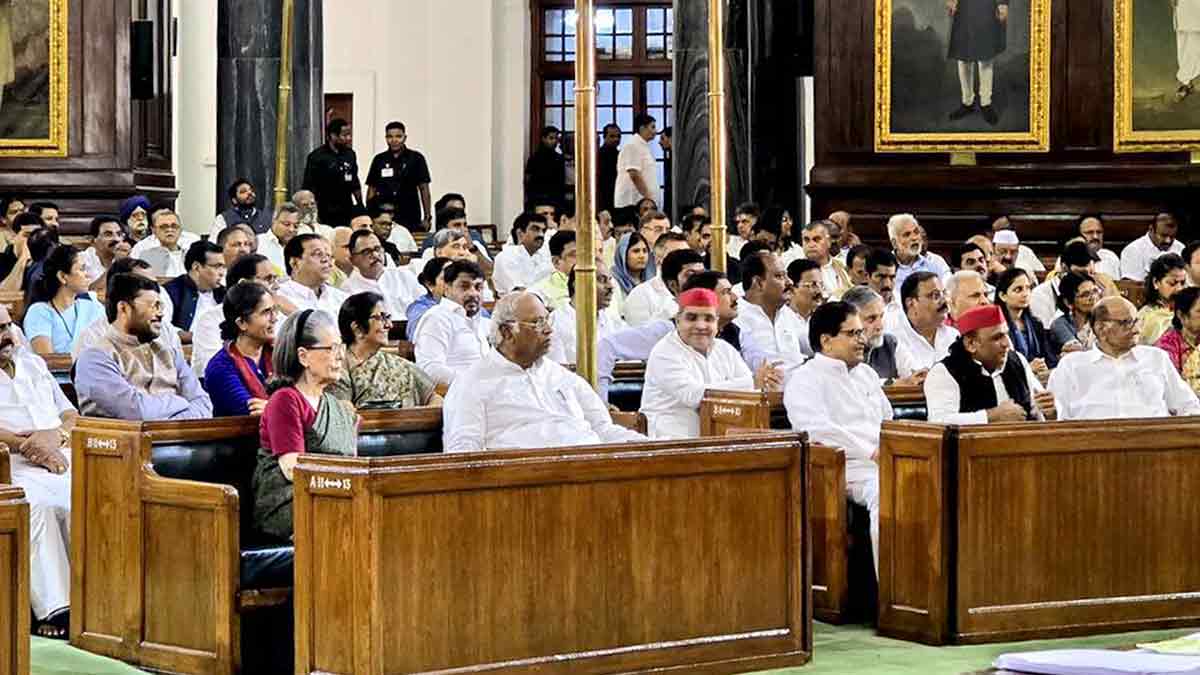 Sonia Gandhi and Mallikarjun Kharge with other opposition leaders at the Central Hall of Parliament | PTI