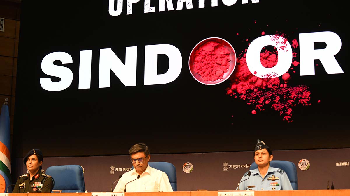 Foreign Secretary Vikram Misri (centre), Colonel Sofiya Qureshi (left) and Wing Commander Vyomika Singh during a briefing regarding Operation Sindoor | Sanjay Ahlawat