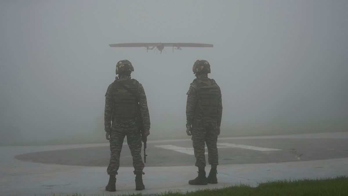Indian army soldiers observe a surveillance drone during a drill before the media ahead of India's Independence Day, near the Line of Control that divides India and Pakistan at Sunderbani, Jammu and Kashmir, India, Tuesday, Aug 12, 2025 | AP