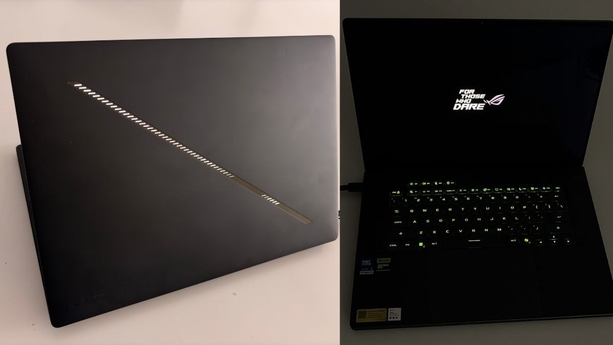ASUS ROG Zephyrus G16 gaming laptop with Slash Lighting array (left) and backlit matte keyboard (right, with low exposure) | Nitin SJ