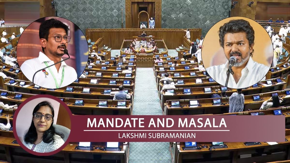 Representative image of the Parliament of India; (inset left) Leader of Opposition in the Tamil Nadu Assembly and DMK leader, Udhayanidhi Stalin (L) and Tamil Nadu CM and TVK leader C. Joseph Vijay (inset right) | PTI