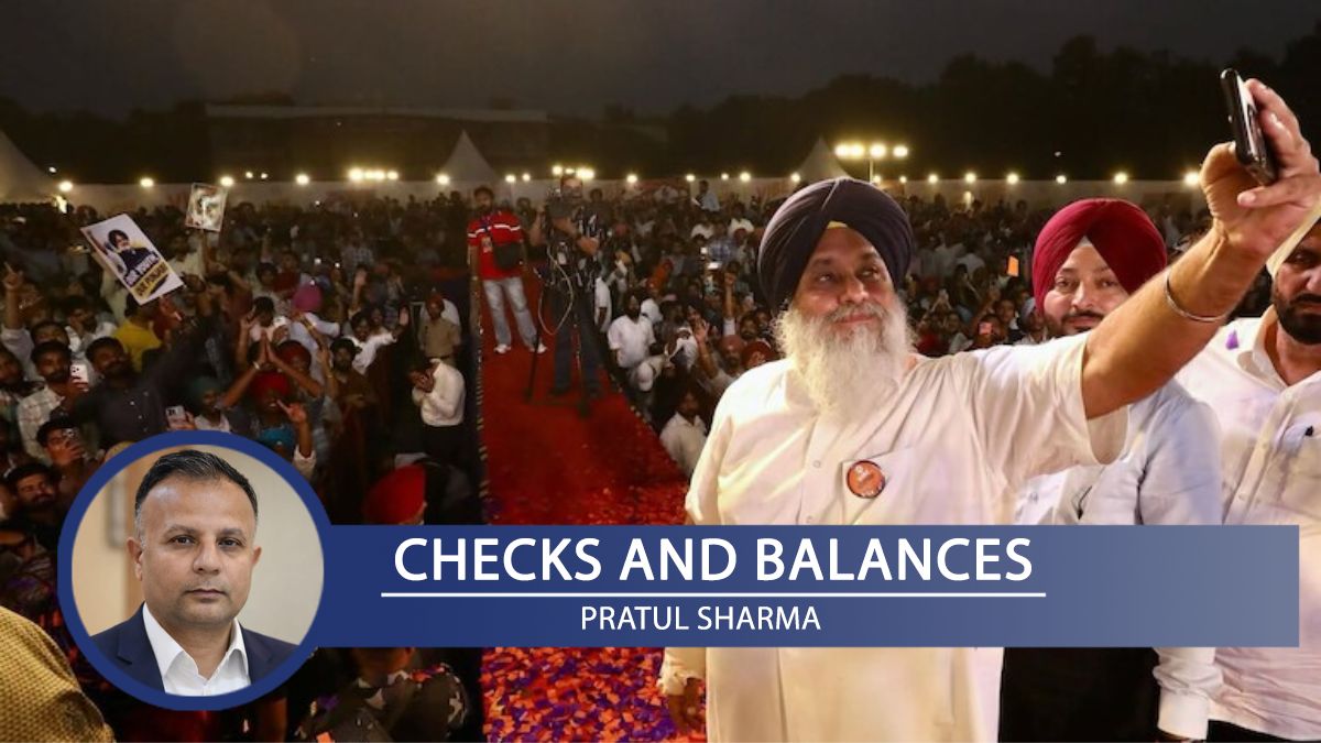 Shiromani Akali Dal chief Sukhbir Singh Badal clicks a selfie with a Gen Z crowd as part of his youth outreach program 'Vibe Punjab Di' | X