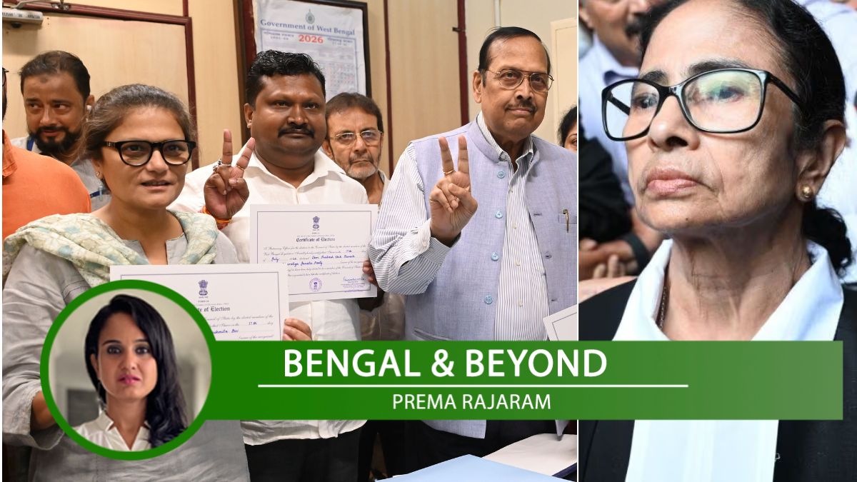 Newly elected Rajya Sabha MPs Sushmita Dev, Prakash Chik Baraik and Sukhendu Sekhar Ray receive their Certificates of Election from the Secretary of the West Bengal Legislative Assembly (L); Trinamool Congress supremo Mamata Banerjee (R) | PTI, Salil Bera