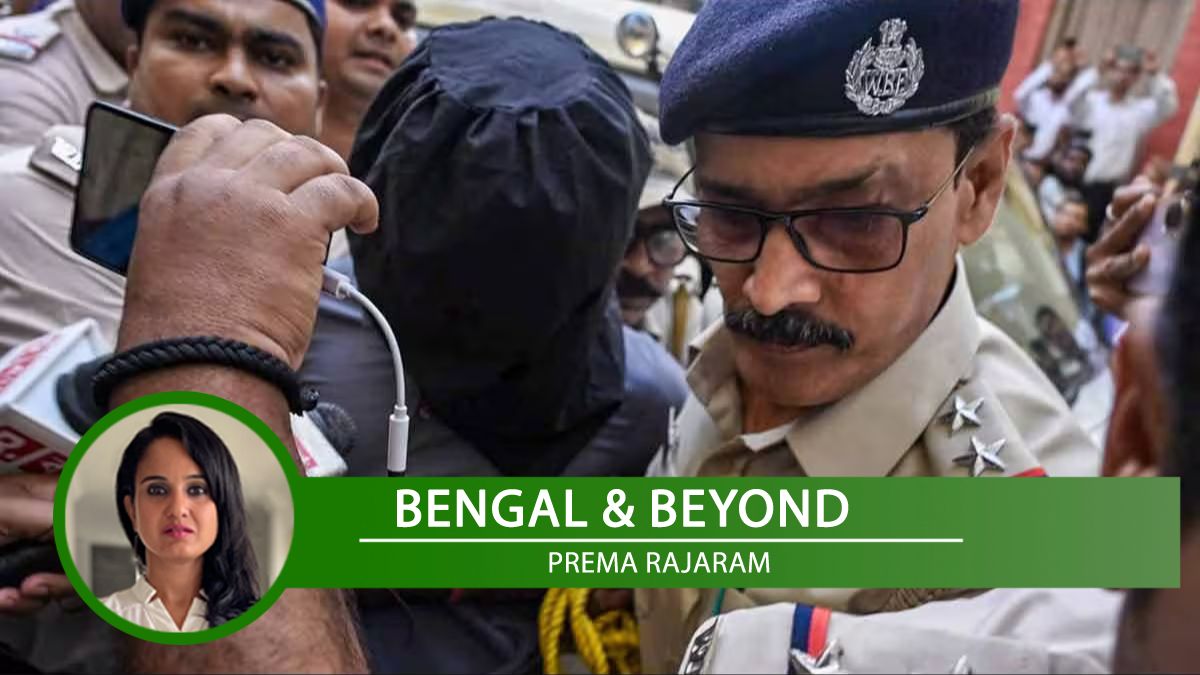 West Bengal Police Special Task Force (STF) personnel escort suspected Jaish-e-Mohammad operative Hamim Mondal while producing him before a court in Burdwan | PTI