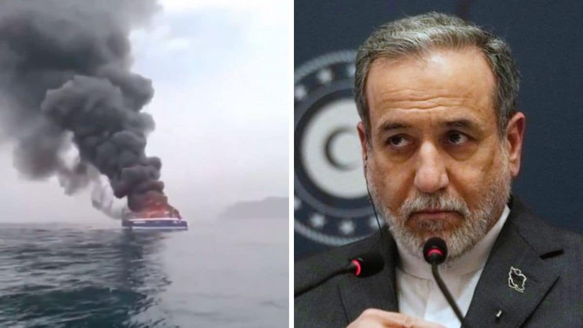 The Iranian ship that was attacked by Ukraine on Caspian Sea. (Right) Iran's foreign minister Abbas Aragchi | X 