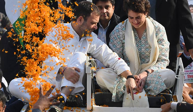 [File] A scene from Priyanka Gandhi Vadra's rally in Lucknow. She is accompanied by her brother and Congress president Rahul Gandhi and party leader Jyotiraditya Scindia | Salil Bera