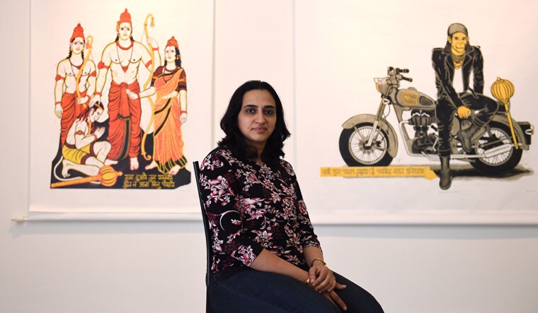 

Bengaluru-based artist Champa Sharath with her collection of woodcut prints of Hanuman exhibited at Gallery Sumukha | Bhanu Prakash Chandra 
