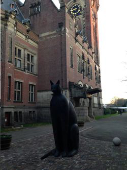 Statue of the black cat outside the Peace Palace building | via Twitter