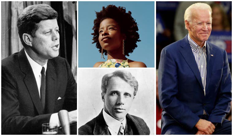 Collage (Clockwise from left): John F. Kennedy, Amanda Gorman, Joe Biden and Robert Frost| Images of Kennedy and Frost in public domain, AP