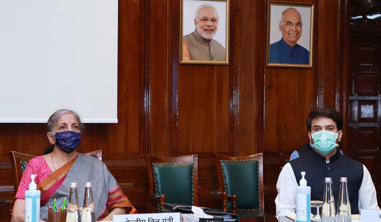 Taxing issue: Finance Minister Nirmala Sitharaman chairing the GST Council meeting through videoconferencing in New Delhi. Minister of State for Finance and Corporate Affairs Anurag Thakur also attended the meeting | PIB