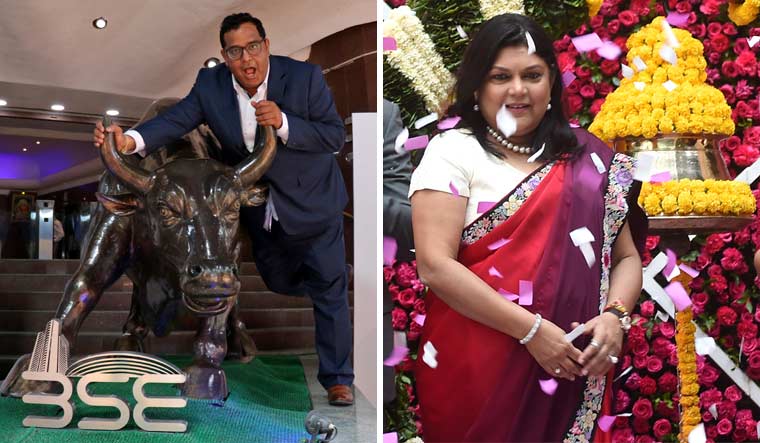 Fallen stars: while the stock prices of vijay shekhar sharma’s (left) paytm fell 69 per cent in five months, falguni nayar’s (right) nykaa fell 29 per cent from its peak | Reuters, PTI