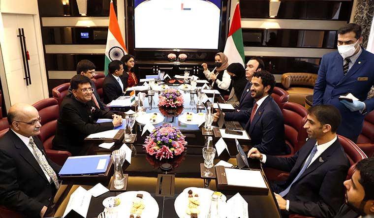 New beginning: Union minister Piyush Goyal (second from left) and UAE minister of economy Abdulla bin Touq Al Marri (third from right) at the signing ceremony of the India-UAE Comprehensive Economic Partnership Agreement in Delhi on February 18 | PIB