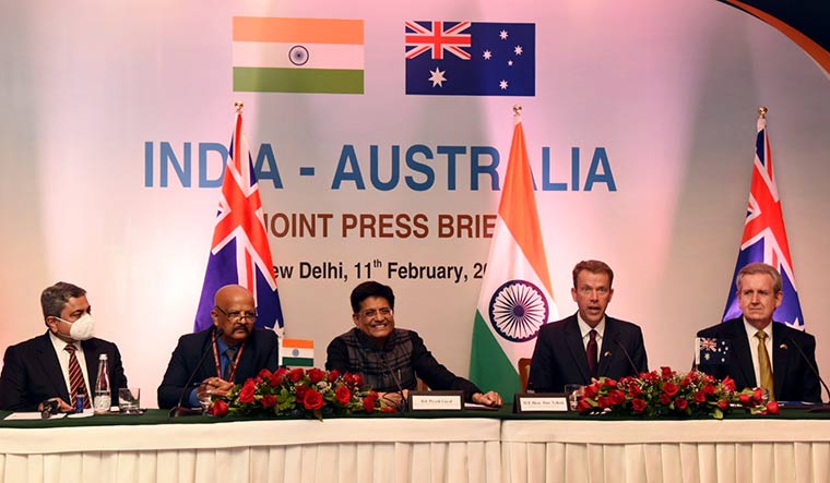 Growing together: Union minister Piyush Goyal with Australian minister for trade, tourism and investment Dan Tehan (second from right) in Delhi on February 11 | PIB