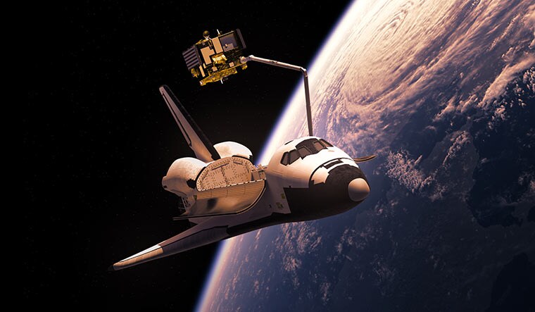 Connecting worlds: 3D illustration of a space shuttle deploying a satellite.