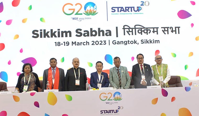 A head start: Union Minister of State for Commerce and Industry Som Parkash (third from right), Sikkim Chief Minister Prem Singh Tamang (fourth from right) and other delegates at the Startup20 meet in Sikkim in March | PIB