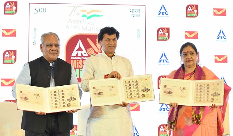 Honouring innovation: S. Sivakumar, head of ITC’s agri-business, Kailash Choudhary, minister of state for agriculture and farmers’ welfare, and Manju Kumar, chief post master, releasing a stamp at an event in Delhi on July 25, 2023 | Sanjay Ahlawat