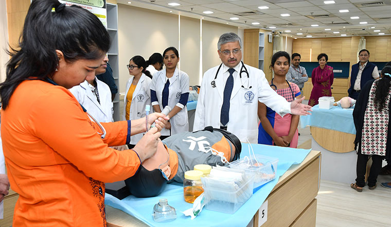 Perfect practice: AIIMS director Randeep Guleria monitors the Skill, E-learning and Telemedicine (SET) facility, where students are taught practical skills on patient simulators or manikins | Sanjay Ahlawat