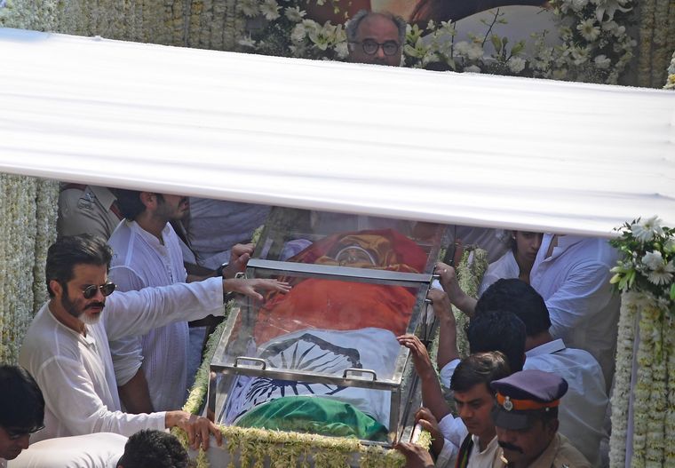 Final journey: Sridevi's funeral procession in Mumbai. Anil Kapoor (bottom left) and Boney Kapoor (top) | Amey Mansabdar