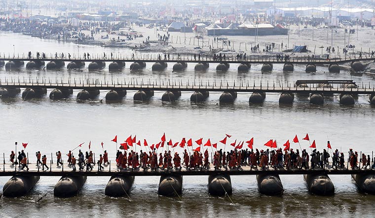 All lined up: The government has built 22 pontoon bridges to facilitate movement of devotees.